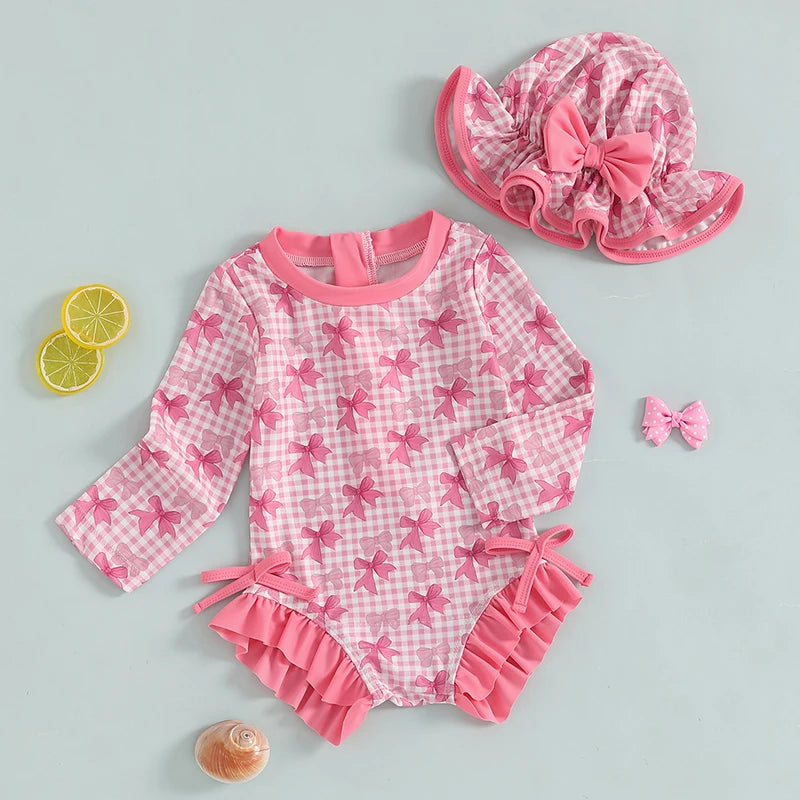 Baby Girl Floral Swimsuit - Backless Ruffled Long Sleeve Bodysuit (0-4 Years)