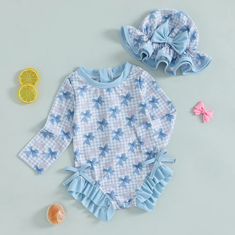 Baby Girl Floral Swimsuit - Backless Ruffled Long Sleeve Bodysuit (0-4 Years)