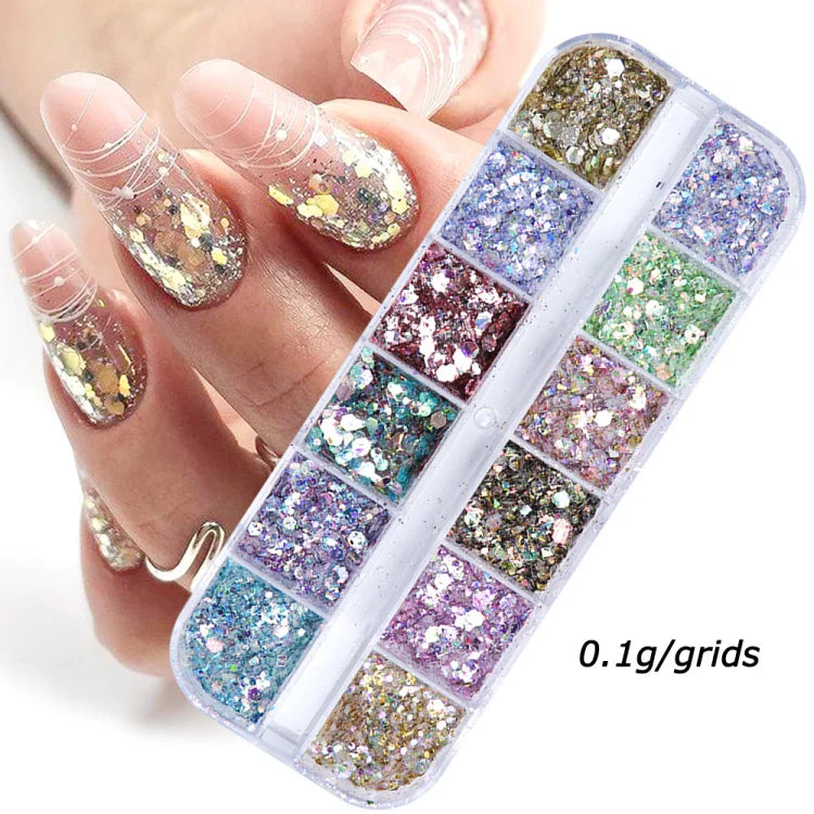 Mirror Iridescent Mixed Hexagon Nail Glitter Sequins Set - 12 Grids Holographic Spangles Flakes Nail Art Powder