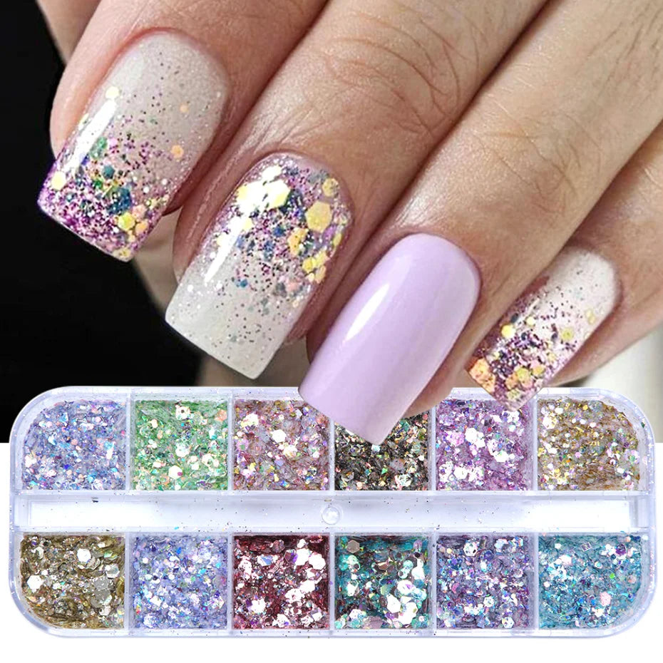 Mirror Iridescent Mixed Hexagon Nail Glitter Sequins Set - 12 Grids Holographic Spangles Flakes Nail Art Powder