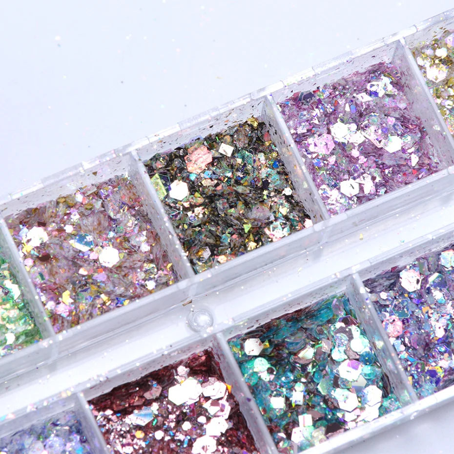 Mirror Iridescent Mixed Hexagon Nail Glitter Sequins Set - 12 Grids Holographic Spangles Flakes Nail Art Powder