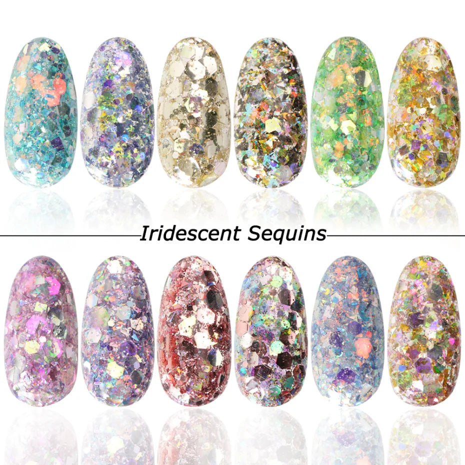 Mirror Iridescent Mixed Hexagon Nail Glitter Sequins Set - 12 Grids Holographic Spangles Flakes Nail Art Powder