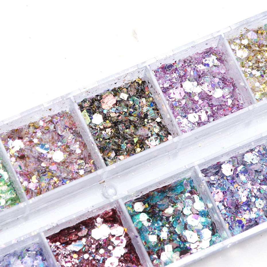 Mirror Iridescent Mixed Hexagon Nail Glitter Sequins Set - 12 Grids Holographic Spangles Flakes Nail Art Powder