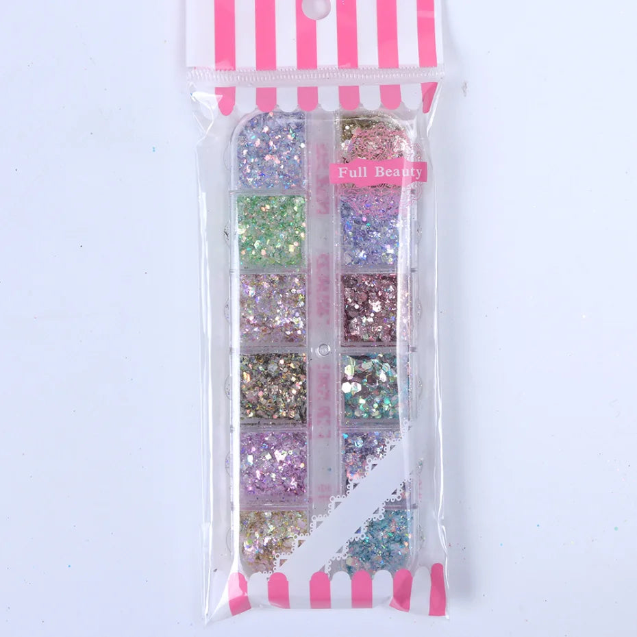 Mirror Iridescent Mixed Hexagon Nail Glitter Sequins Set - 12 Grids Holographic Spangles Flakes Nail Art Powder