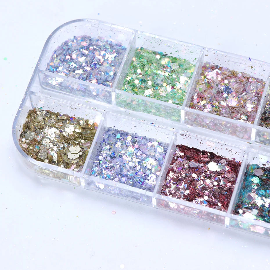Mirror Iridescent Mixed Hexagon Nail Glitter Sequins Set - 12 Grids Holographic Spangles Flakes Nail Art Powder