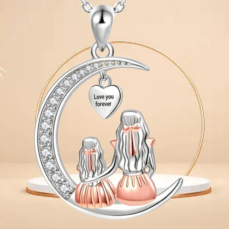 Mom Daughter Moon Pendant Necklace - "Love You Forever" Heart Jewelry Gift for Mother's Day, Birthdays & Special Occasions