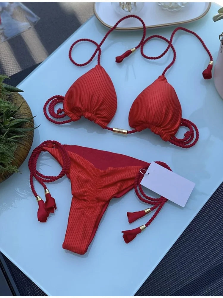 Women's Backless Triangle Bikini Set - Multicolor Rope Tie Swimsuit