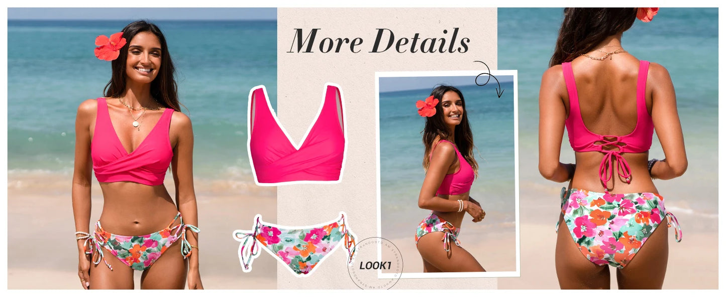 Women's Front Cross Lace Up Bandeau Bikini Set Two Piece Swimsuit