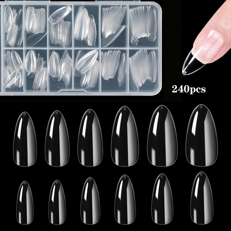 240-Piece Almond False Nail Tips Set - Clear Matte Soft Acrylic Extensions in 12 Sizes for DIY & Salon Use