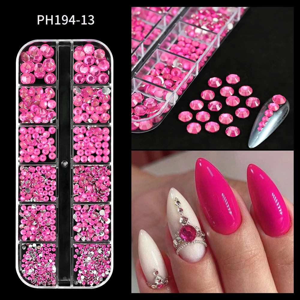 12-Grid Ocean Gold Nail Art Charms Set - Shell, Seahorse & Starfish with White Pearl Gems & Metal Studs