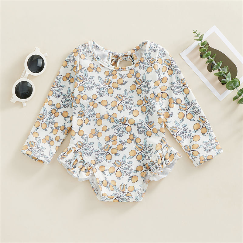 Baby Girl Floral Swimsuit - Backless Ruffled Long Sleeve Bodysuit (0-4 Years)