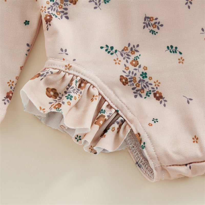 Baby Girl Floral Swimsuit - Backless Ruffled Long Sleeve Bodysuit (0-4 Years)