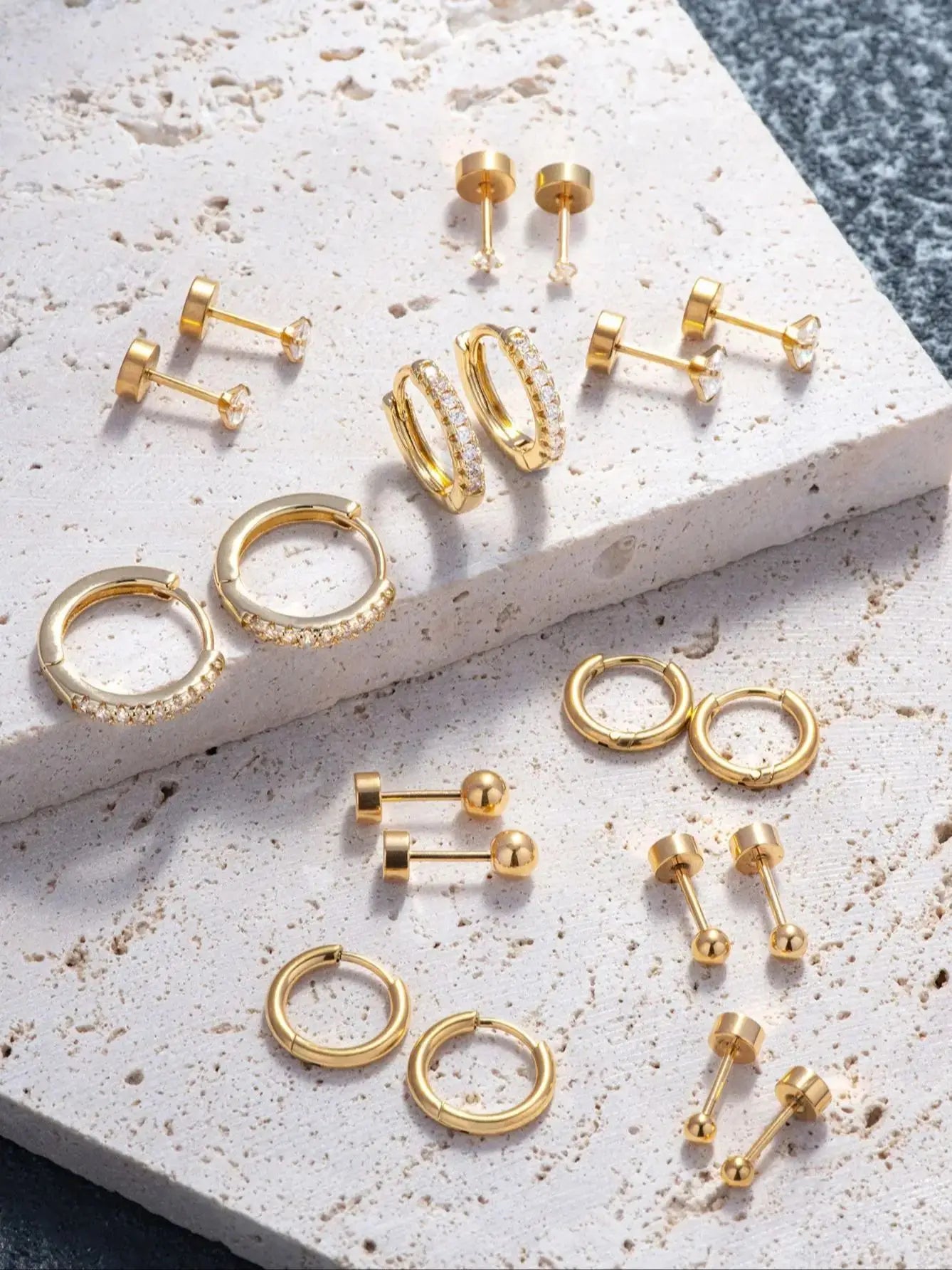10 Pairs Tiny Gold Hoop Earrings Set - 18K Gold Plated Stainless Steel Studs for Multiple Piercings