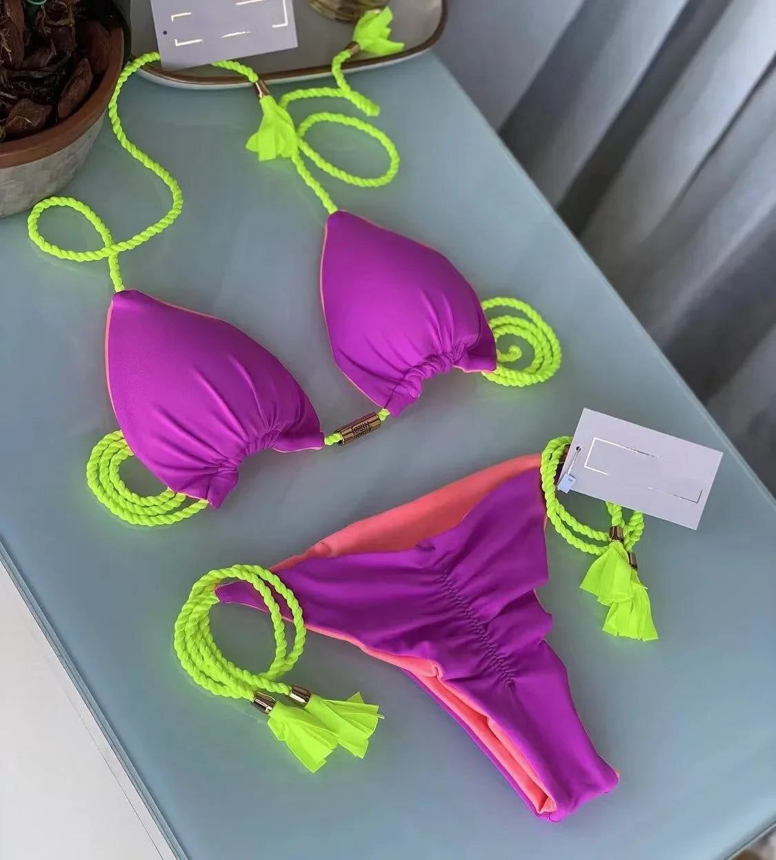 Women's Backless Triangle Bikini Set - Multicolor Rope Tie Swimsuit