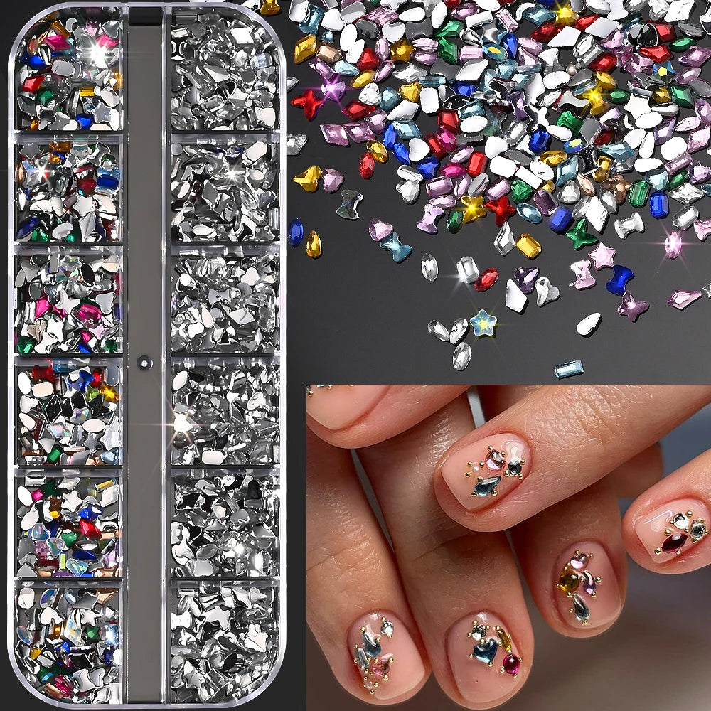 12-Grid Ocean Gold Nail Art Charms Set - Shell, Seahorse & Starfish with White Pearl Gems & Metal Studs