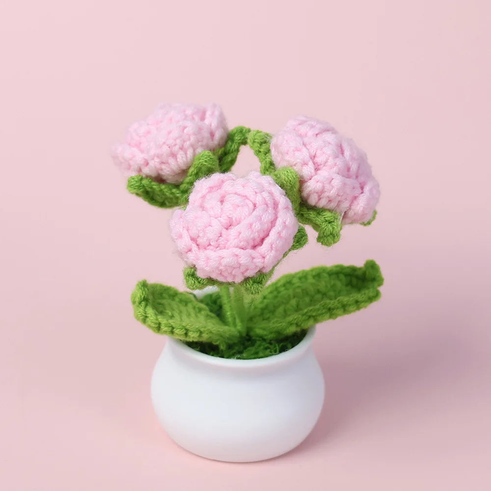 Decorative Knitted Rose Pot | Artificial Flowers for Home & Celebration Decor