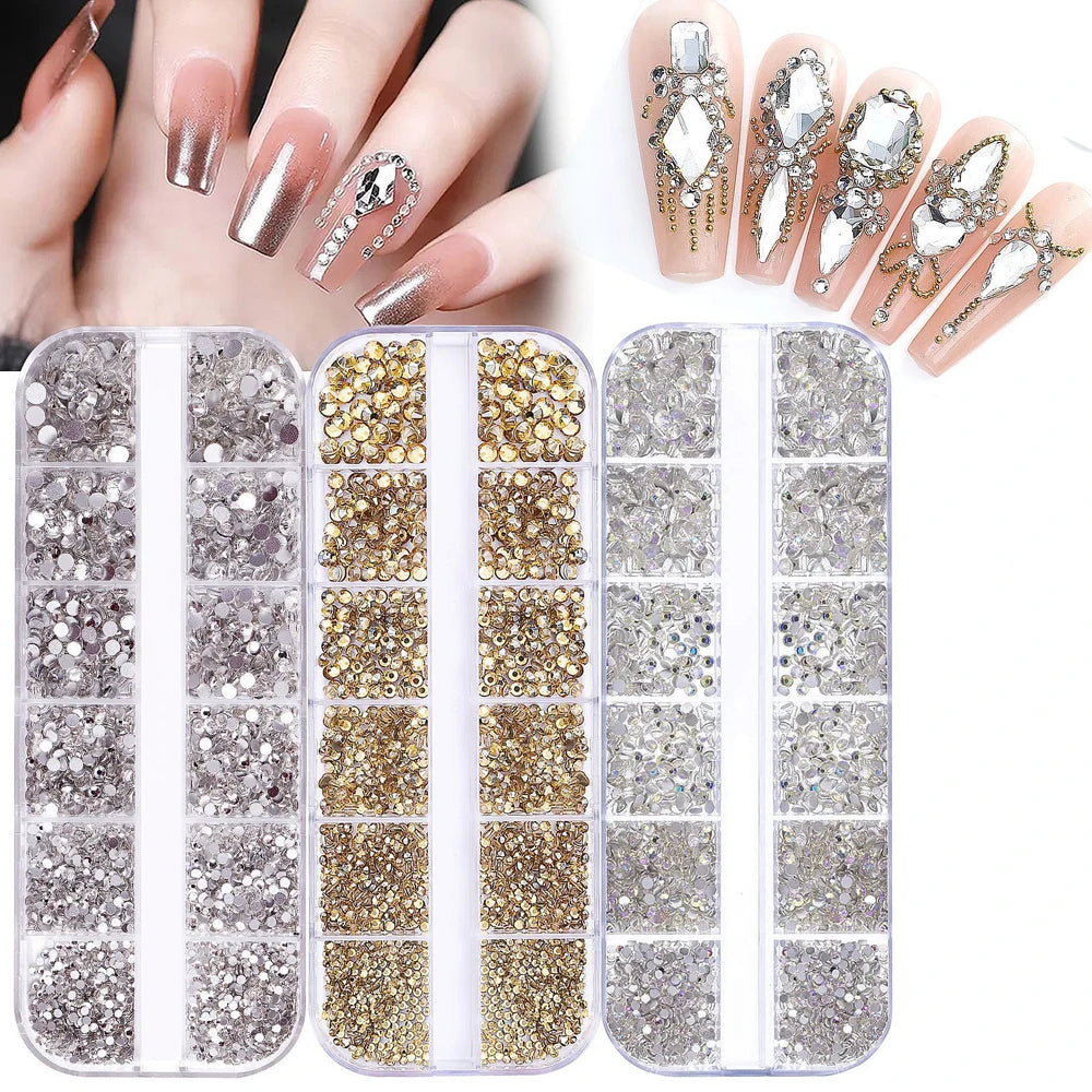 2400+ Shiny Clear Crystal Nail Rhinestones - Mixed Size Glass Flatback Gems Kit