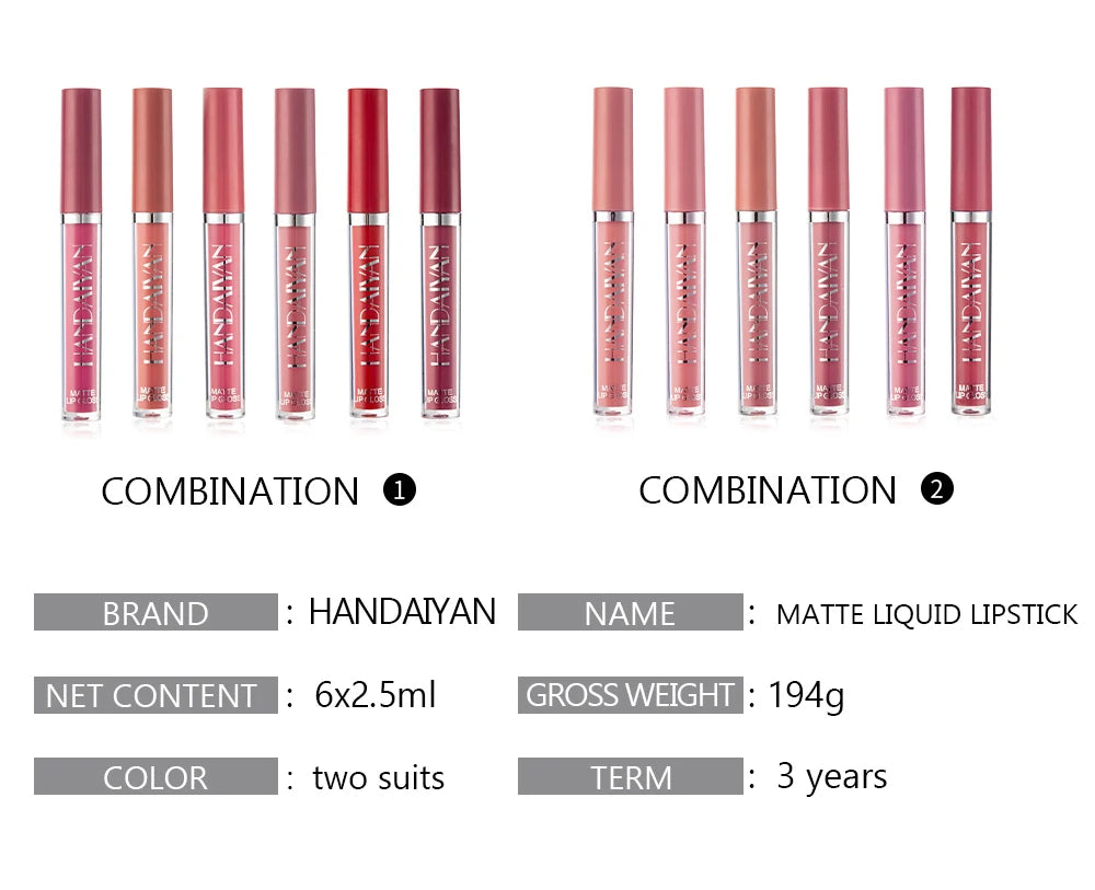 HANDAIYAN 6-Piece Non-Stick Liquid Lipstick Set - Long-Lasting Matte Finish Lip Gloss Gift Box Collectionple