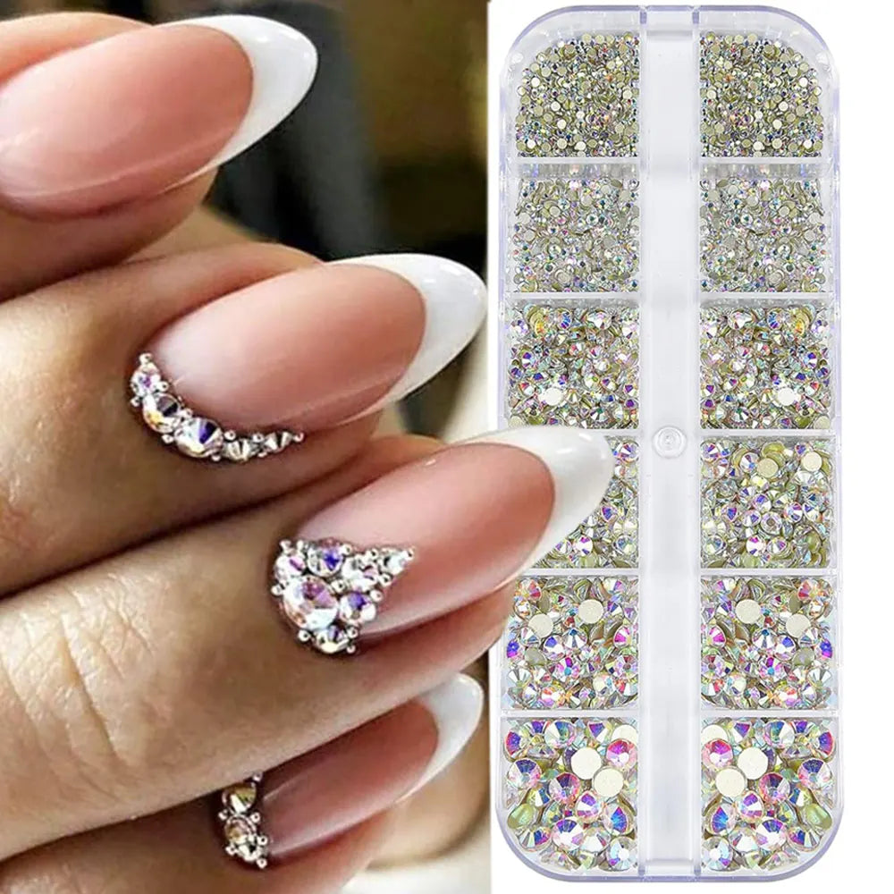 2400+ Shiny Clear Crystal Nail Rhinestones - Mixed Size Glass Flatback Gems Kit