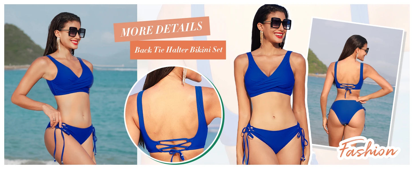 Women's Front Cross Lace Up Bandeau Bikini Set Two Piece Swimsuit