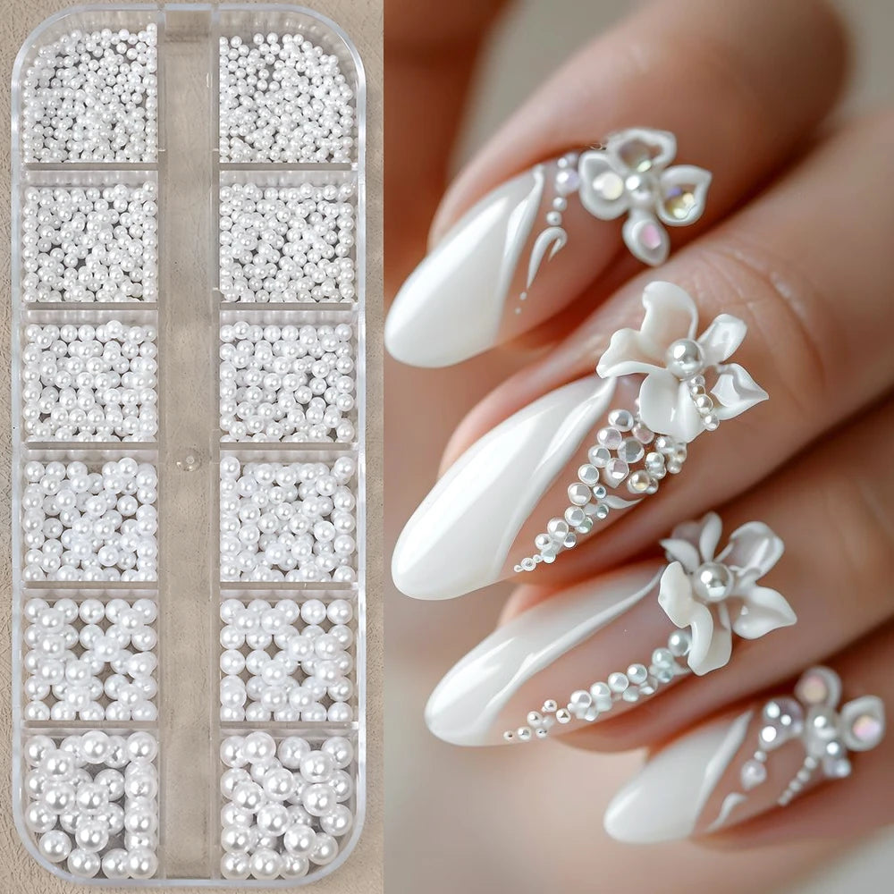 12-Grid Ocean Gold Nail Art Charms Set - Shell, Seahorse & Starfish with White Pearl Gems & Metal Studs