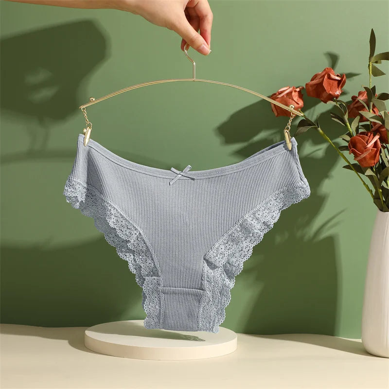 3PCS Women's Cotton Panties Set - Low Rise Lace Brazilian Bikini Underwear with Bow Detail (S-XL)