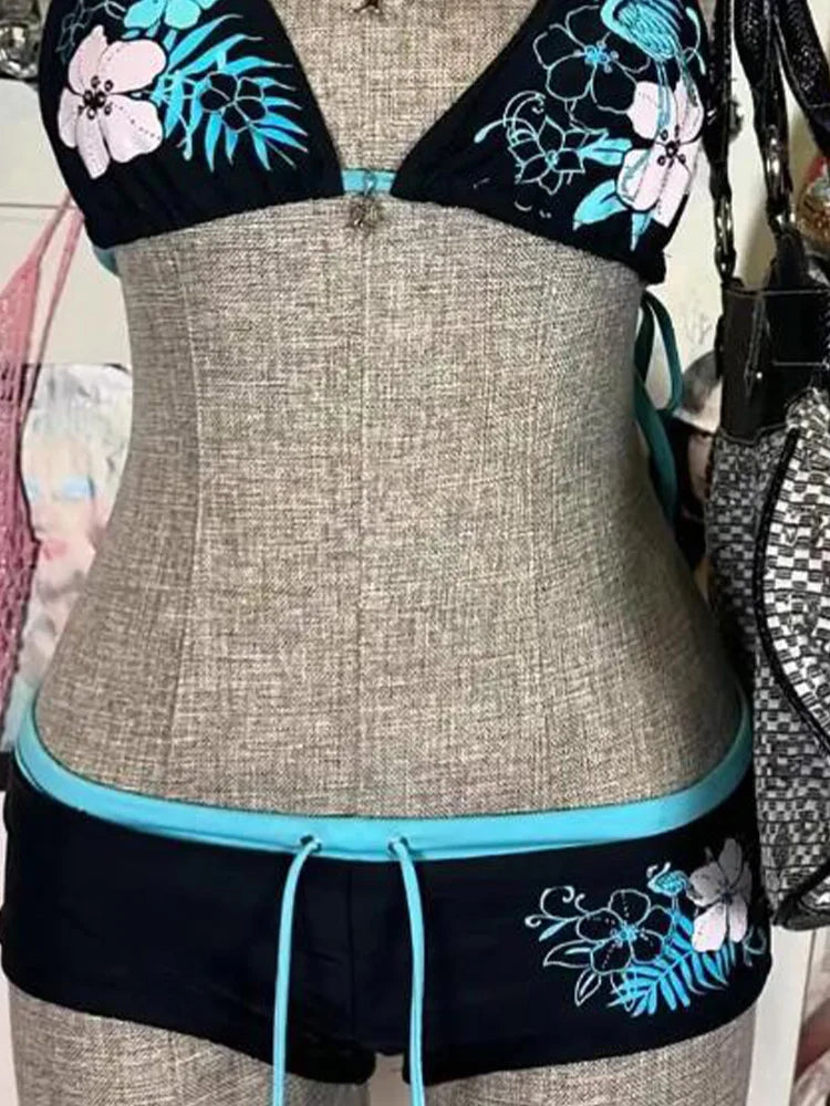 Sexy Floral Print Lace-Up Backless Bikini Set - High Waist Two-Piece Swimsuit (S-L)
