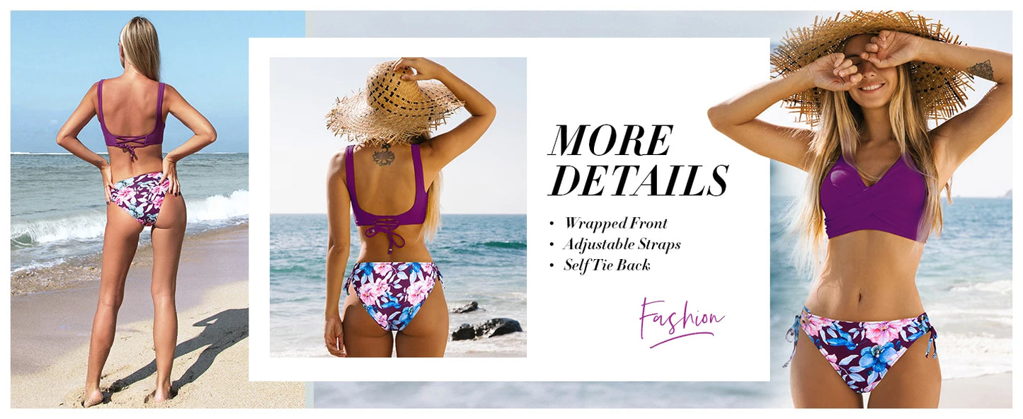 Women's Front Cross Lace Up Bandeau Bikini Set Two Piece Swimsuit