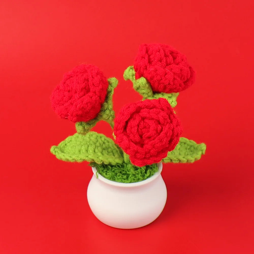 Decorative Knitted Rose Pot | Artificial Flowers for Home & Celebration Decor