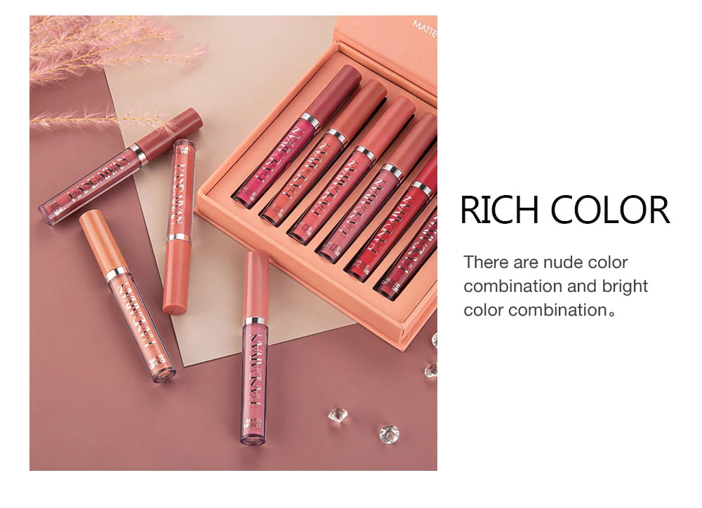 HANDAIYAN 6-Piece Non-Stick Liquid Lipstick Set - Long-Lasting Matte Finish Lip Gloss Gift Box Collectionple