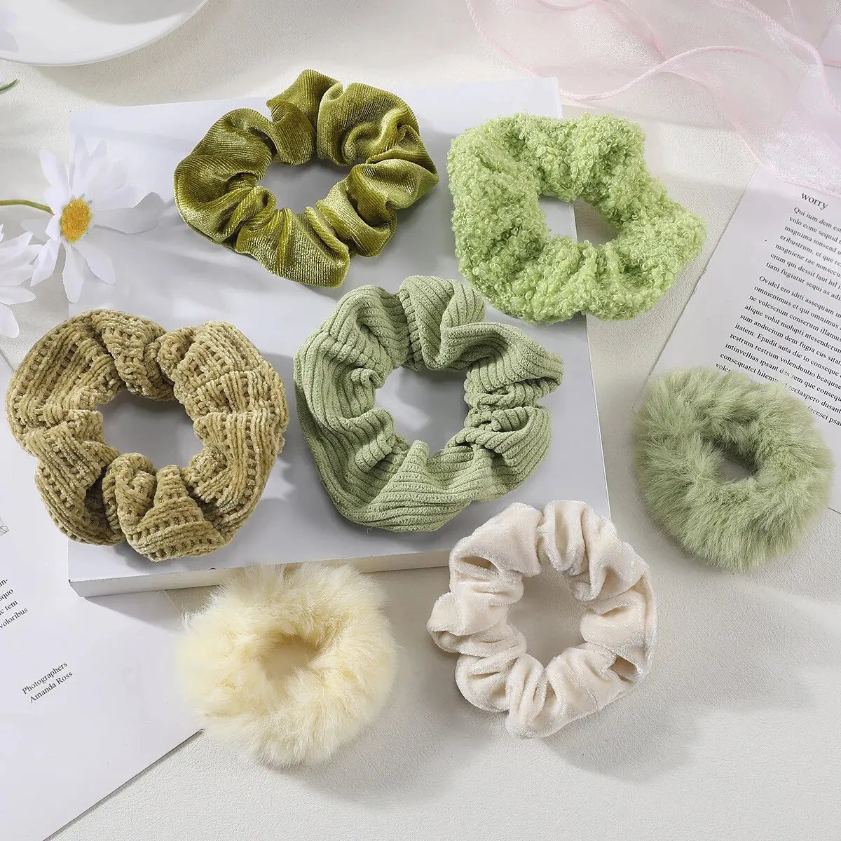 7 Piece Women's Plush Hair Scrunchies Set - Solid Color Cotton Blend Ponytail Holders & Hair Ties