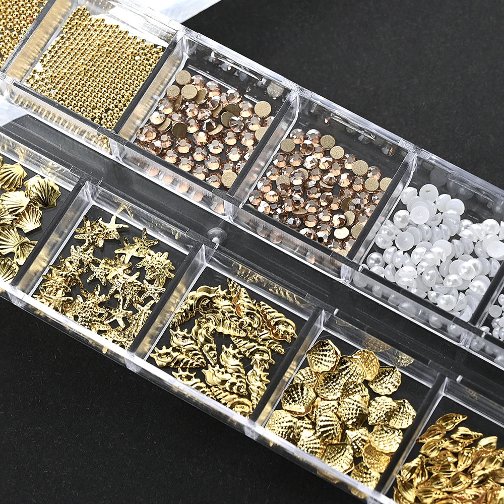 12-Grid Ocean Gold Nail Art Charms Set - Shell, Seahorse & Starfish with White Pearl Gems & Metal Studs