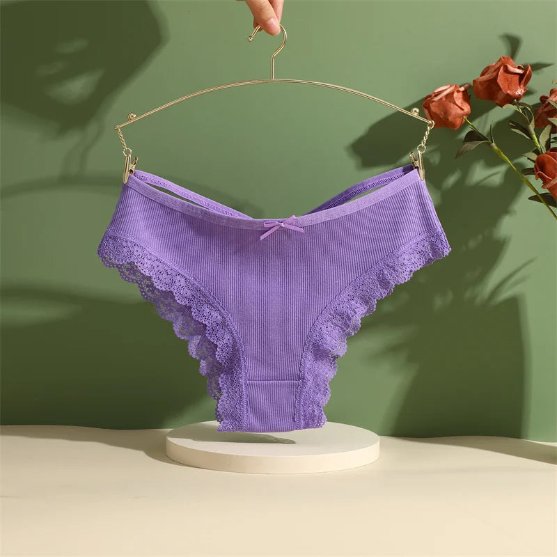 3PCS Women's Cotton Panties Set - Low Rise Lace Brazilian Bikini Underwear with Bow Detail (S-XL)