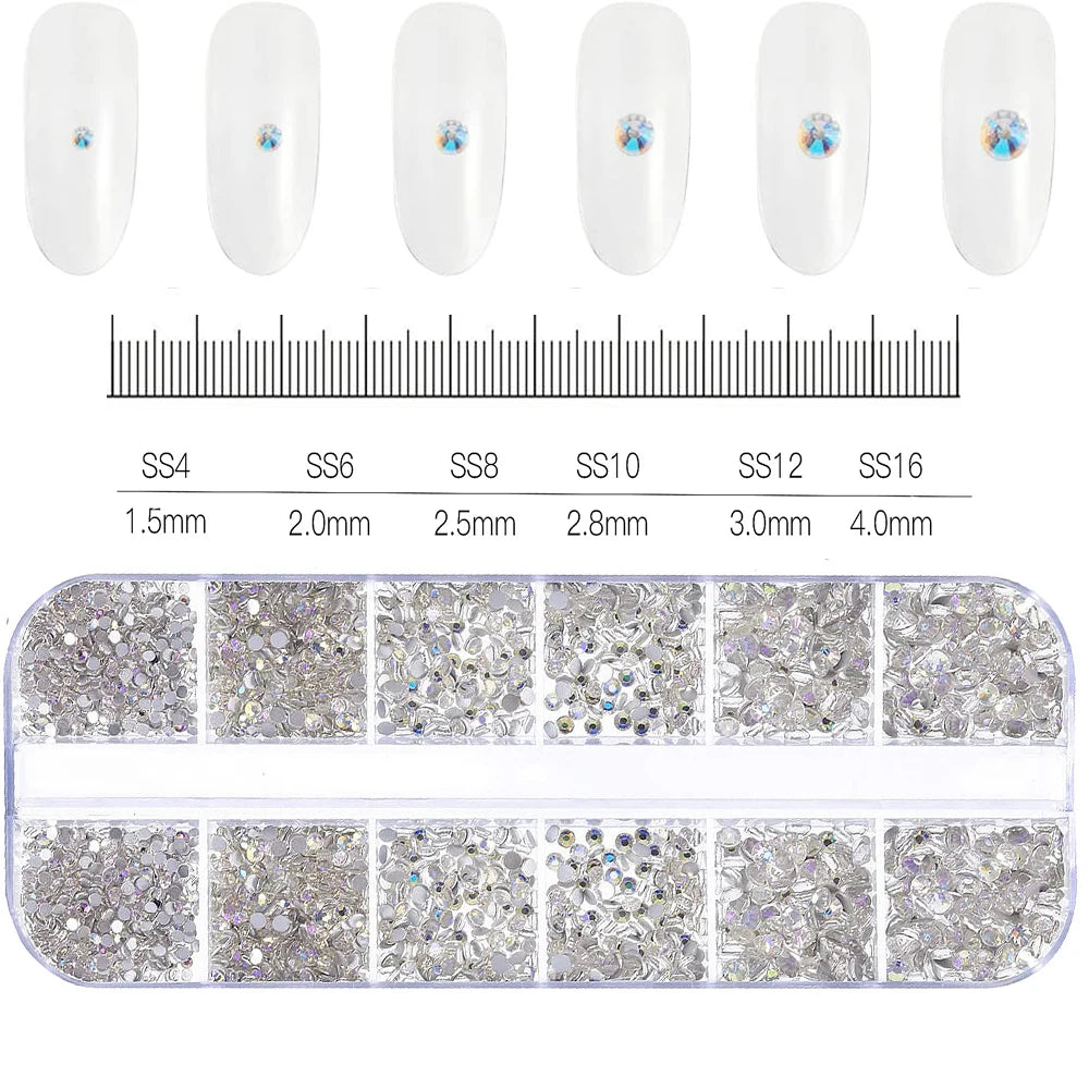 2400+ Shiny Clear Crystal Nail Rhinestones - Mixed Size Glass Flatback Gems Kit