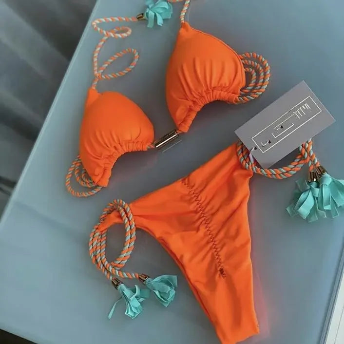 Women's Backless Triangle Bikini Set - Multicolor Rope Tie Swimsuit