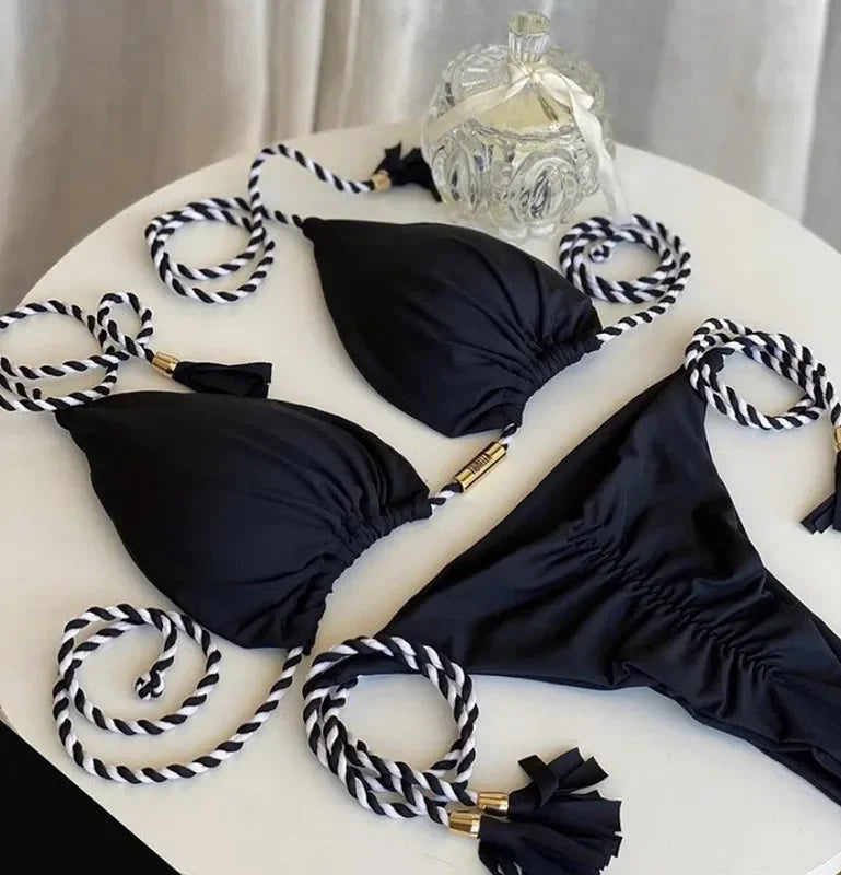 Women's Backless Triangle Bikini Set - Multicolor Rope Tie Swimsuit