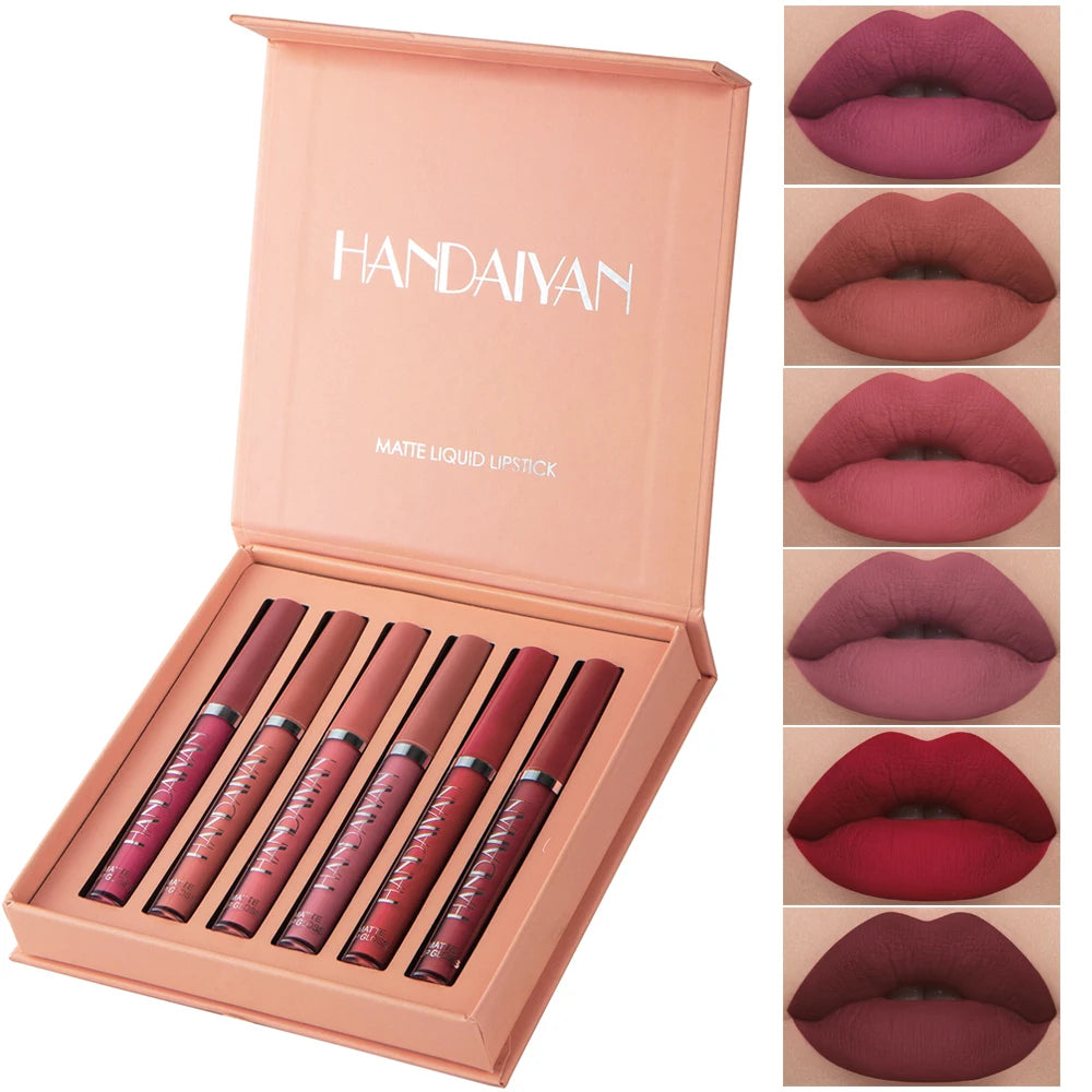 HANDAIYAN 6-Piece Non-Stick Liquid Lipstick Set - Long-Lasting Matte Finish Lip Gloss Gift Box Collectionple