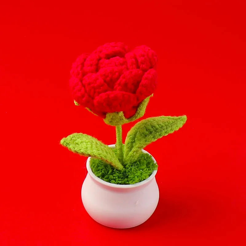 Decorative Knitted Rose Pot | Artificial Flowers for Home & Celebration Decor
