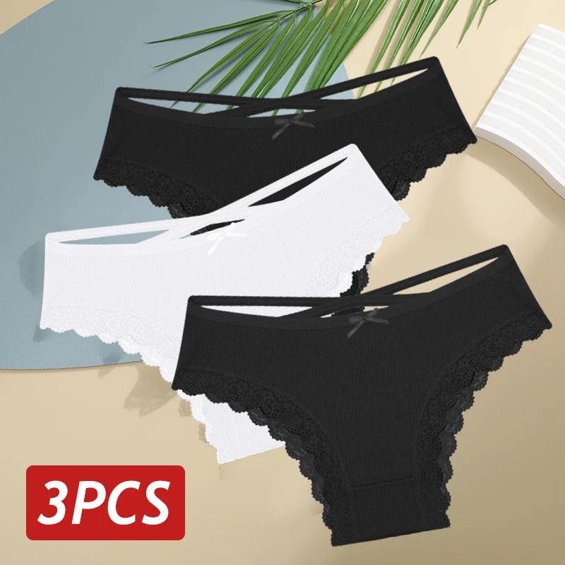 3PCS Women's Cotton Panties Set - Low Rise Lace Brazilian Bikini Underwear with Bow Detail (S-XL)