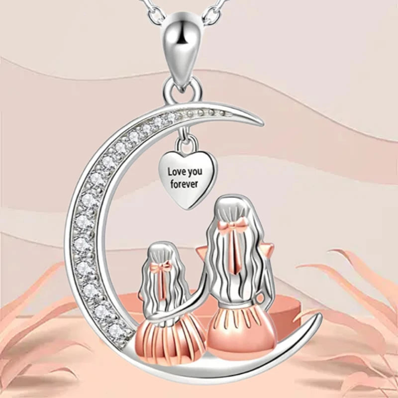 Mom Daughter Moon Pendant Necklace - "Love You Forever" Heart Jewelry Gift for Mother's Day, Birthdays & Special Occasions