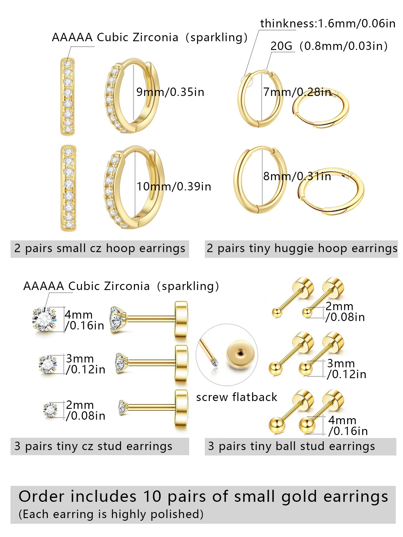 10 Pairs Tiny Gold Hoop Earrings Set - 18K Gold Plated Stainless Steel Studs for Multiple Piercings