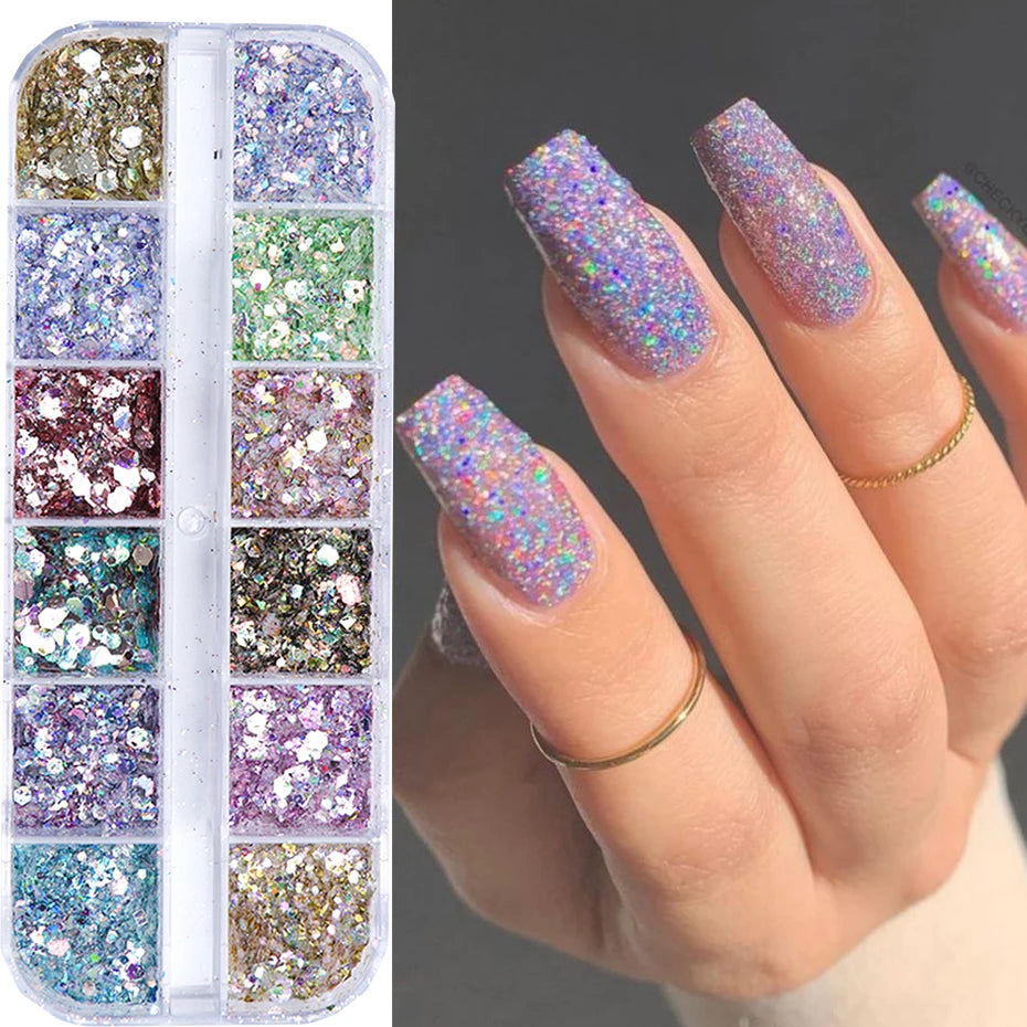 Mirror Iridescent Mixed Hexagon Nail Glitter Sequins Set - 12 Grids Holographic Spangles Flakes Nail Art Powder