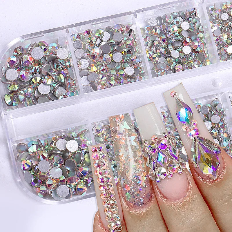 2400+ Shiny Clear Crystal Nail Rhinestones - Mixed Size Glass Flatback Gems Kit