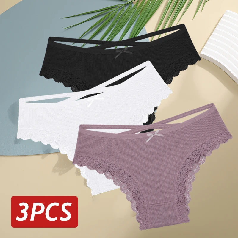 3PCS Women's Cotton Panties Set - Low Rise Lace Brazilian Bikini Underwear with Bow Detail (S-XL)