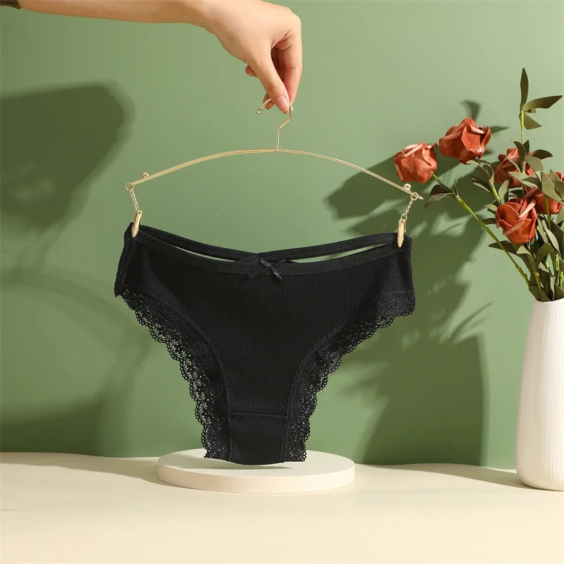 3PCS Women's Cotton Panties Set - Low Rise Lace Brazilian Bikini Underwear with Bow Detail (S-XL)