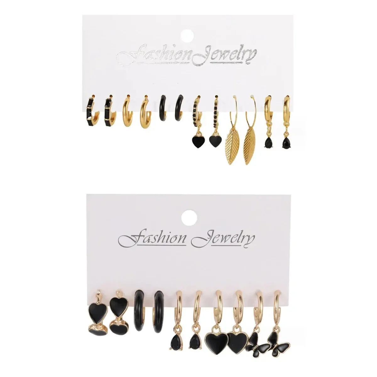 Simple 11 Pcs Black Heart Leaf Butterfly Earrings Set - Women's Fashion Vintage Hoop Earring Collection Holiday Wedding Jewelry Gift