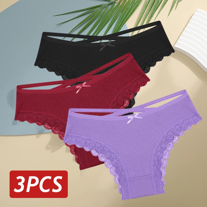 3PCS Women's Cotton Panties Set - Low Rise Lace Brazilian Bikini Underwear with Bow Detail (S-XL)