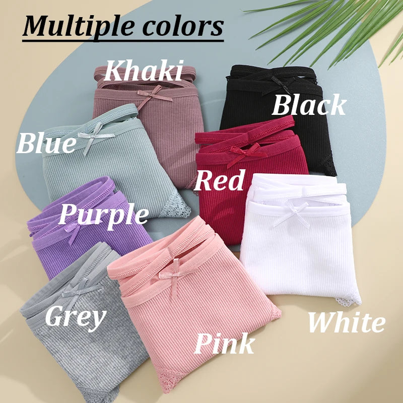 3PCS Women's Cotton Panties Set - Low Rise Lace Brazilian Bikini Underwear with Bow Detail (S-XL)