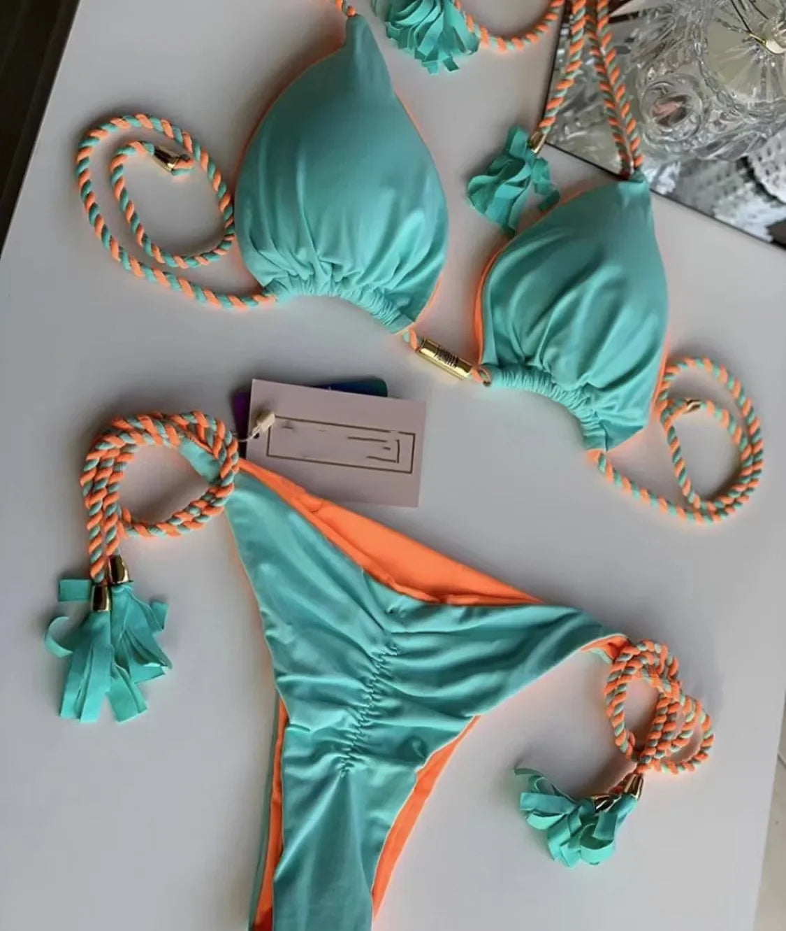 Women's Backless Triangle Bikini Set - Multicolor Rope Tie Swimsuit