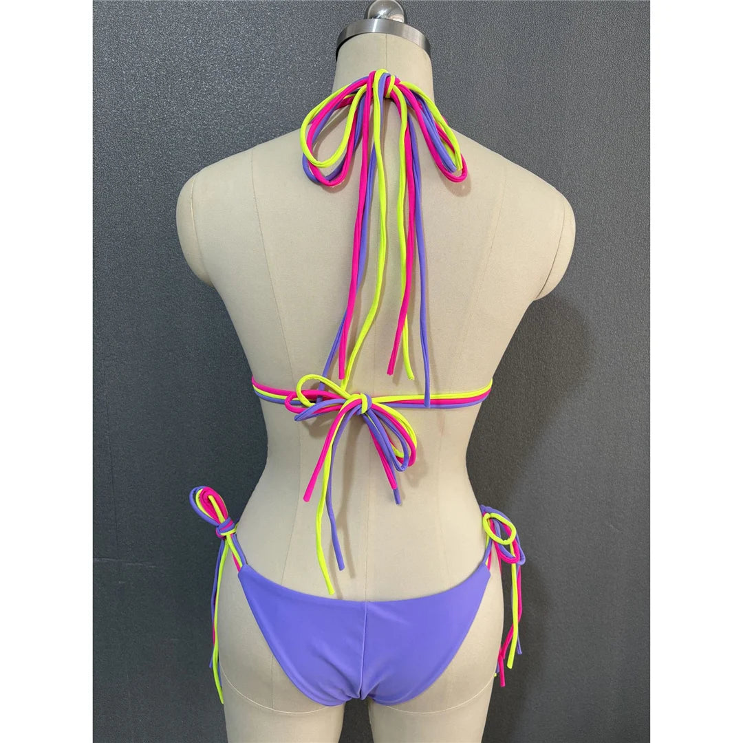 S - XL Colorful Strappy Halter Bikini Women Swimwear Two-Piece Set